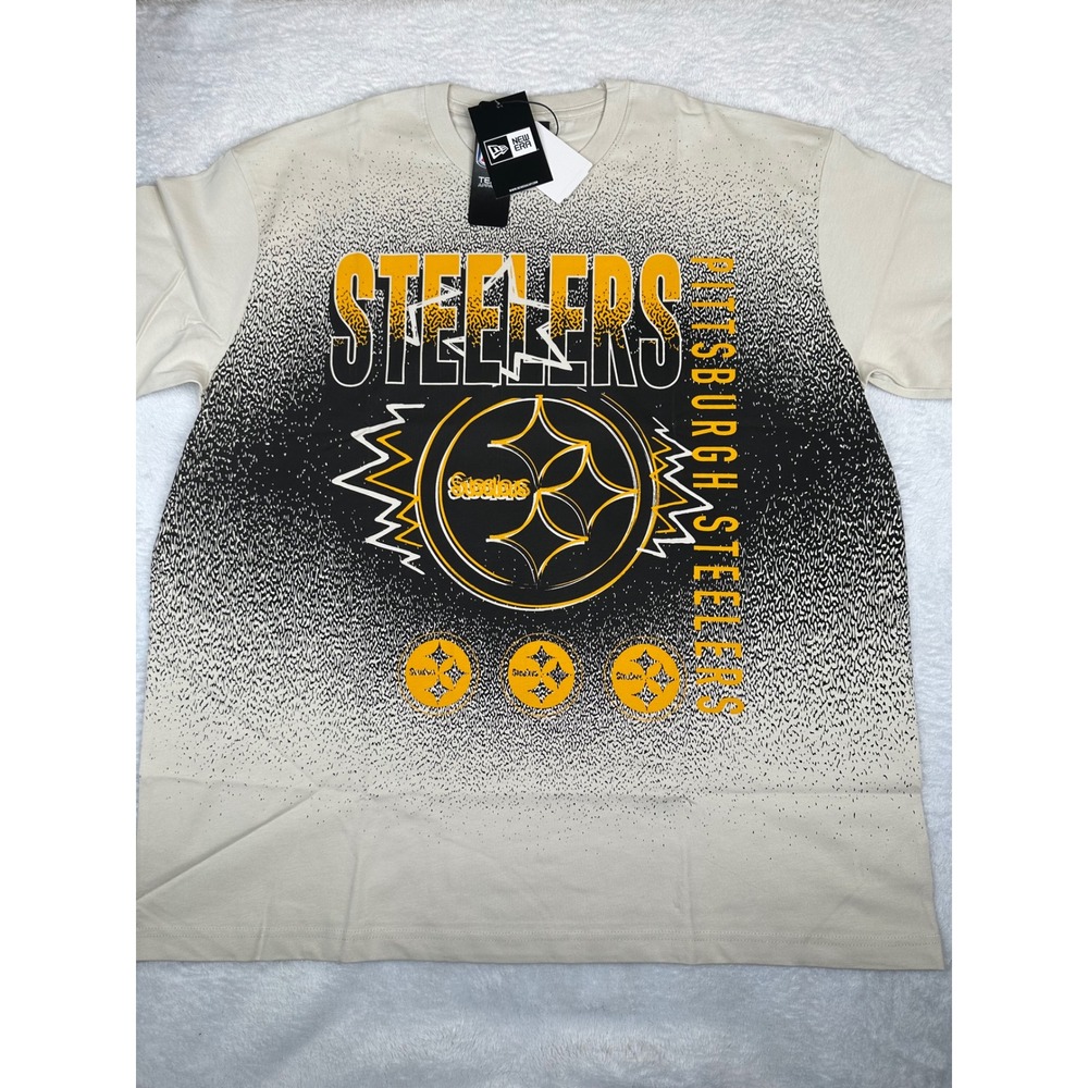 New Era Pittsburgh Steelers NFL T-Shirt Cream Black Stipple Gradient Mens Small